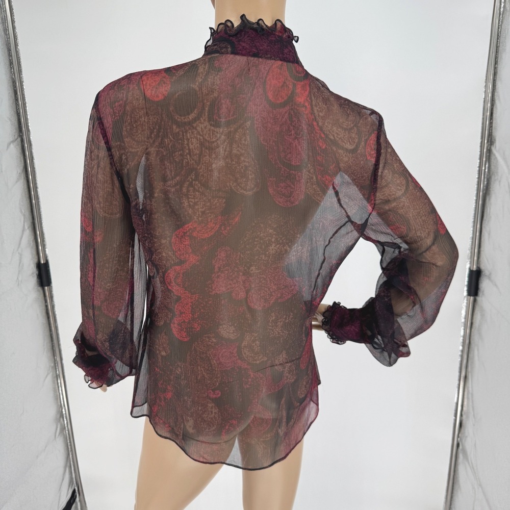 Tahari Women's Sz M Silk Sheer Ruffle Blouse Burgundy Black Victorian Gothic - Picture 4 of 16